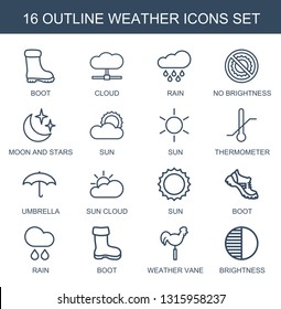 16 weather icons. Trendy weather icons white background. Included outline icons such as boot, cloud, rain, no brightness, moon and stars, sun. weather icon for web and mobile.
