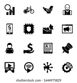 16 iconos rellenos de web establecidos aislados en fondo blanco. Iconos con análisis semántico, uso compartido de bicicletas, fabricación de juguetes, banca digital, criptografía, marketing por correo electrónico, iconos de lectura.