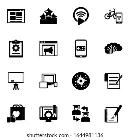 16 web filled icons set isolated on white background. Icons set with front end, Ranking, Livestream, project, Banner Ads, Mobile game, Board stand, responsive web design icons.