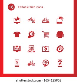 16 web filled icons set isolated on . Icons set with Digital marketing, Smart bike, bicycle parking, t-shirt, fintech industry, Distance Exam, shopping cart, Online coaching icons.