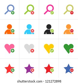 16 web pictogram color set. Loupe, user, star, heart with green plus, red reject, green check mark, red minus sign. Simple solid plain flat minimal icon. Vector illustration design elements 8 eps