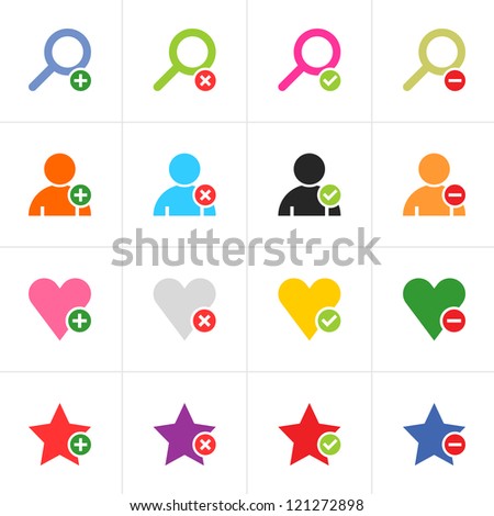 16 web pictogram color set. Loupe, user, star, heart with green plus, red reject, green check mark, red minus sign. Simple solid plain flat minimal icon. Vector illustration design elements 8 eps