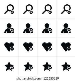 16 web pictogram set. Loupe, user, star, heart with plus, delete, check mark, minus sign. Simple black icon on white. Modern solid plain flat minimal style. Vector illustration design elements 8 eps