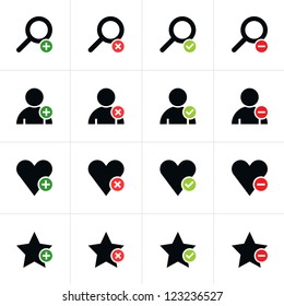 16 web pictogram set. Loupe, user, star, heart with plus, delete, check mark, minus sign. Simple black icon with colored element on white. Solid plain flat minimal style. Vector illustration in 8 eps