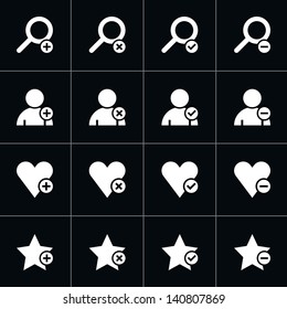 16 web pictogram set. Loupe, user, star, heart with plus, delete, check mark, minus sign. Simple white icon on black. Modern solid plain flat minimal style. Vector illustration design elements 8 eps