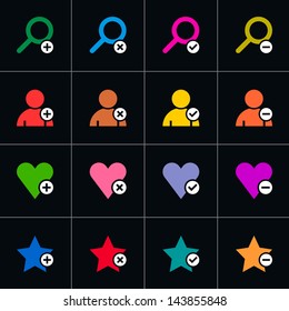16 web pictogram set. Loupe, user, star, heart with plus, delete, check mark, minus sign. Simple solid plain flat minimal style icon on black. Vector illustration design elements 8 eps