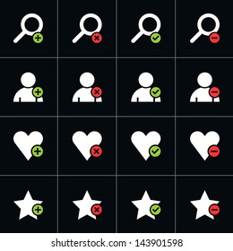 16 web pictogram set. Loupe, user, star, heart with green and red plus, delete, check mark, minus sign. Simple solid plain flat minimal style icon on black. Vector illustration design elements 8 eps