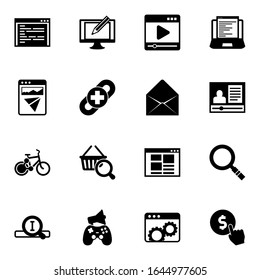 16 íconos rellenos de sitios web establecidos aislados en fondo blanco. Iconos con codificación, ilustración digital, reproductor de medios, página de aterrizaje, construcción de enlaces, Envoltura, iconos para compartir bicicletas.