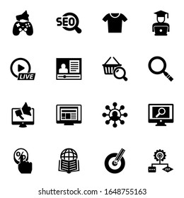 16 website filled icons set isolated on white background. Icons set with In-game Advertising, SEO, t-shirt, Live Event Streaming, eCommerce marketing, Marketing research icons.