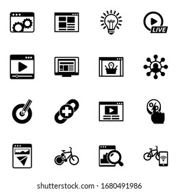 16 auf der Website gefüllte Symbole einzeln auf weißem Hintergrund. Icons gesetzt mit Website-Optimierung, Front-End, Idea, Media Player, Layout, E-Commerce-Lösungen, Target Keywords Icons.