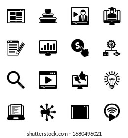 16 website filled icons set isolated on white background. Icons set with front end, wedding cake, Video streaming, SEO copywriting, SEO monitoring, Cost per click, Magnifier icons.