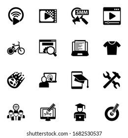 16 iconos rellenos de sitios web establecidos aislados en fondo blanco. Iconos con Livestream, Codificación, Mercadeo Social, Uso compartido de bicicletas, Optimización de Sitios Web, Desarrollo Web, Iconos de Cometas.