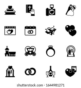 16 wedding filled icons set isolated on white background. Icons set with wedding cake, vow, wedding photography, dating, date, Honeymoon, church, Brougham, dance icons.