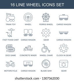 16 wheel icons. Trendy wheel icons white background. Included line icons such as train toy, Ferris wheel, cargo wagon, fast food cart, gear, dice game. icon for web and mobile.