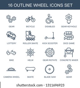 16 wheel icons. Trendy wheel icons white background. Included outline icons such as gear, bicycle, disabled, gear keyhole, lottery, roller skate. wheel icon for web and mobile.