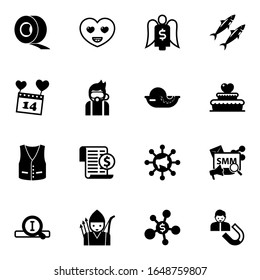 16 white filled icons set isolated on white background. Icons set with Scotch tape, happiness, Angel investor, Valentines Day, Diving, seafood, vest, Expenses, sardine icons.