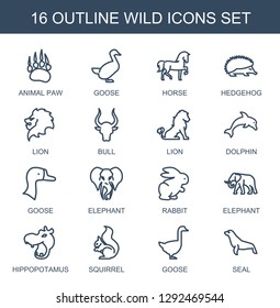 16 wild icons. Trendy wild icons white background. Included outline icons such as animal paw, goose, horse, hedgehog, lion, bull, dolphin, elephant. wild icon for web and mobile.
