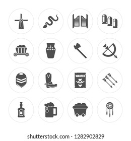 16 Windmill, Snake, Beer, Whiskey, Arrow, Dreamcatcher, Carriage, Poncho, Ax modern icons on round shapes, vector illustration, eps10, trendy icon set.