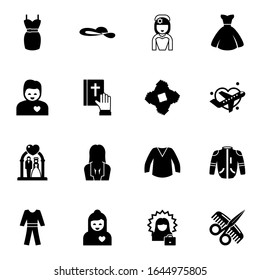 16 woman filled icons set isolated on white background. Icons set with dress, woman hat, bride, girlfriend, vow, start-up team, wedding ceremony, businesswoman, bride dress icons.