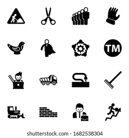 16 work filled icons set isolated on white background. Icons set with construction works, Scissors, staff, Toys making, business hero, teamwork, graphic designer, Tipper icons.