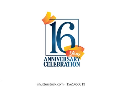 16 Year Anniversary Blue Color with Block Frame and Orange-Yellow Ribbon, Classic Style For Invitation, banner, ads, greeting card - Vector