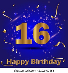 16 year anniversary card. Happy 16 year old birthday. Beautiful blue gradient color card with glitter and golden lettering. Modern designn for celebration. EPS 10 vector illustration.