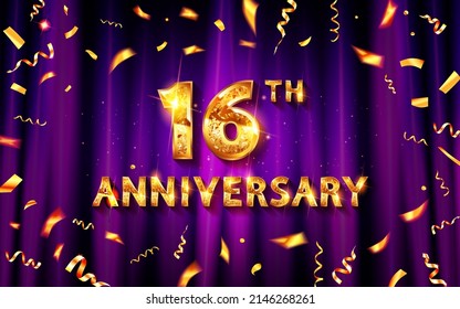 16 year anniversary card. Happy 16 year old birthday. Beautiful purple gradient color card with glitter and golden lettering. Modern design for celebration. EPS 10 vector illustration.