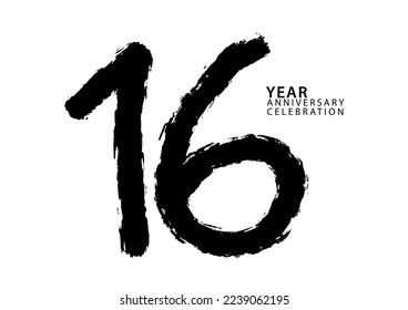 16 year anniversary celebration black color logotype vector, 16 number design, 16th Birthday invitation, logo number design vector illustration, black brushstroke illustration