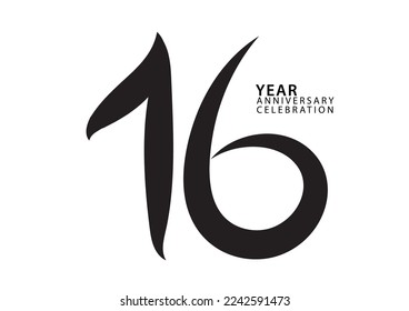 16 year anniversary celebration black color logotype vector, 16 number design, 16th Birthday invitation, logo number design vector illustration, graphic element, calligraphy font, typography logo