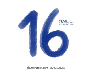 16 year anniversary celebration blue color logotype vector, 16 number design, 16th Birthday invitation, logo number design vector illustration, blue logo brushstroke illustration