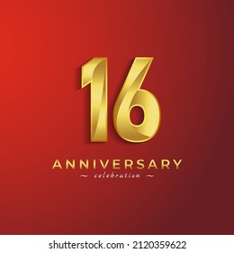 16 Year Anniversary Celebration with Golden Shiny Color for Celebration Event, Wedding, Greeting card, and Invitation Card Isolated on Red Background