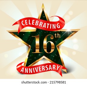 16 year anniversary celebration golden star ribbon, celebrating 16th anniversary decorative golden invitation card - vector eps10