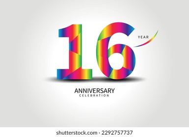 16 Year Anniversary Celebration Logo colorful vector, 16 Number Design, 16th Birthday Logo, Logotype Number, Vector Anniversary For Celebration, Invitation Card, Greeting Card. logo number Anniversary