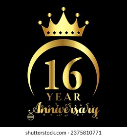 16 year anniversary celebration. Anniversary logo with crown and golden color vector illustration.