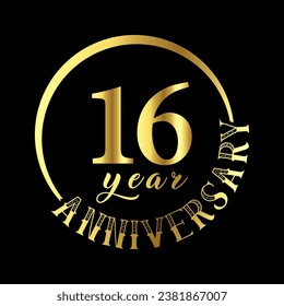 16 year anniversary celebration. Anniversary logo with golden color vector illustration.