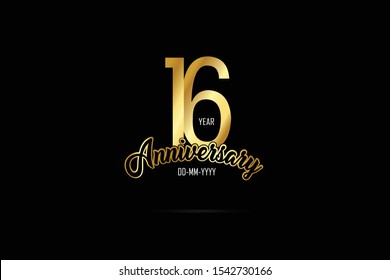 16 year anniversary celebration logotype. anniversary logo with golden color isolated on black background  - Vector