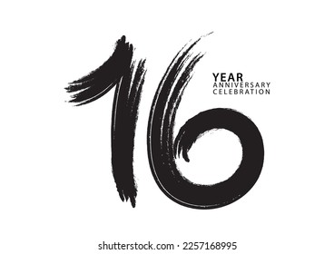 16 year anniversary celebration logotype black paintbrush vector, 16 number design, 16th Birthday invitation, anniversary template, logo number design vector, calligraphy font, typography logo