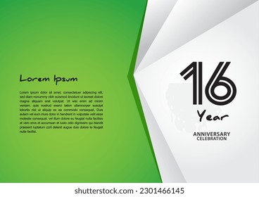 16 year anniversary celebration logotype on green background for poster, banner, leaflet, flyer, brochure, web, invitations or greeting card, 16 number design, 16th Birthday invitation 