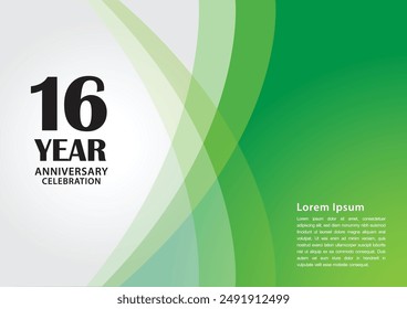 16 year anniversary celebration logotype on green background for poster, banner, leaflet, flyer, brochure, web, invitations or greeting card, 16 number design, 16th Birthday invitation 