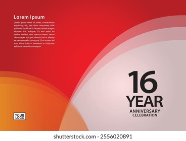 16 year anniversary celebration logotype on red background for poster, banner, leaflet, flyer, brochure, web, invitations or greeting card, 16 number design, 16th Birthday invitation, anniversary logo