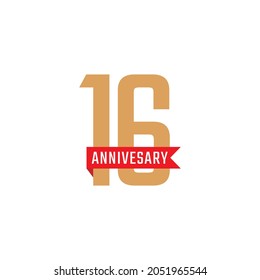 16 Year Anniversary Celebration with Red Ribbon Vector. Happy Anniversary Greeting Celebrates Template Design Illustration