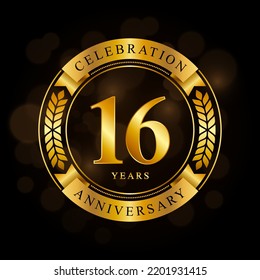 16 Year Anniversary celebration template design, with shiny ring and gold ribbon, laurel wreath isolated on black background, logo vector