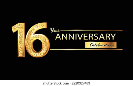 16 Year Anniversary celebration Vector Design. 16th Anniversary celebration. Gold Luxury Banner of 16th Anniversary celebration with glitter 3D. Vector anniversary