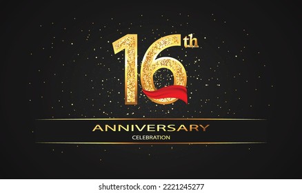 16 Year Anniversary celebration Vector Design with red ribbon and glitter. 16th Anniversary celebration. Gold Luxury Banner of 16th Anniversary. celebration card