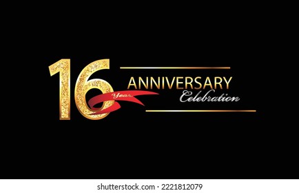 16 Year Anniversary celebration Vector Design. 16th Anniversary celebration. Gold Luxury Banner of 16th Anniversary celebration with red ribbon and glitter. Background celebration. Vector anniversary