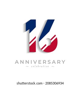16 Year Anniversary Celebration with White Slash in Red and Blue American Flag Color. Happy Anniversary Greeting Celebrates Event Isolated on White Background