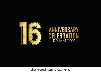 16 year anniversary celebration Yellow Golden Color Sporty Design logotype. anniversary logo isolated on Black background, for celebration, invitation card, and greeting card - Vector