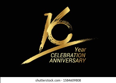 16 year anniversary chalk, golden ink Style , minimalist logo. years, jubilee, greeting card. Birthday invitation sign. Black space vector illustration on black background - Vector