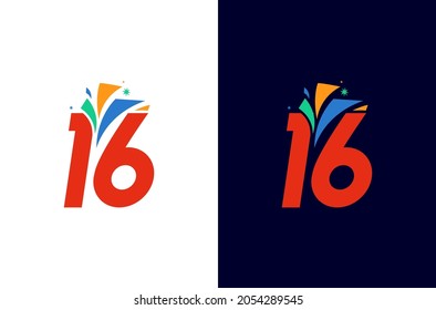 16 year anniversary firework logo design. Number celebration with colorful spark. Simple icon for carnival or festival