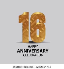 16 year anniversary, Gold shiny metallic numbers set, gold font sign isolated on gray background. Luxury fashion typography design for decoration, web, design, advertising. Vector illustration